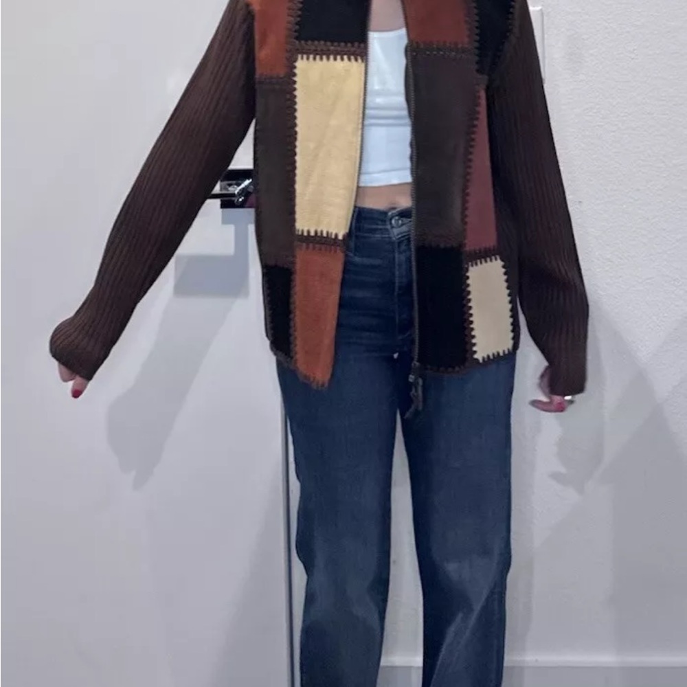 Designer Studio Leather Patchwork Cardigan Sweater M